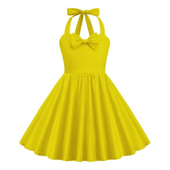 Annhoo Vintage Dresses for Toddler Girls Bowknot Front Sleeveless Straps Dress Retro Solid Color Party Dress