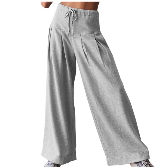 Annhoo Wide Leg Pants Women Casual Pleated High Waisted Flowy Palazzo Trousers Baggy Solid Color Sports Trousers