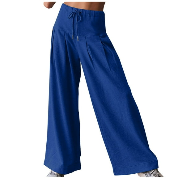 Annhoo Wide Leg Pants Women Casual Pleated High Waisted Flowy Palazzo Trousers Baggy Solid Color Sports Trousers