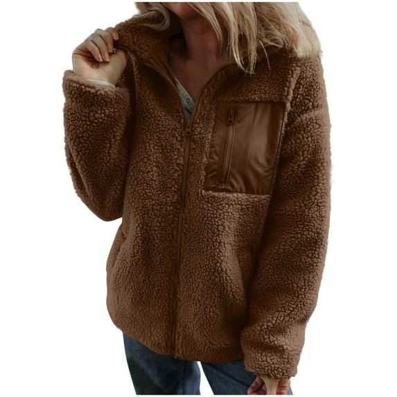 Annhoo Winter Fleece Jacket Women Trendy Zip up Long Sleeve Thickened Outwears Casual Warm Fuzzy Coats with Pockets