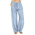 thumbnail image 1 of Annhoo Women Casual Cotton Linen Pants Striped Drawstring Elastic Waisted Wide Leg Vacation Trousers with Pockets, 1 of 6