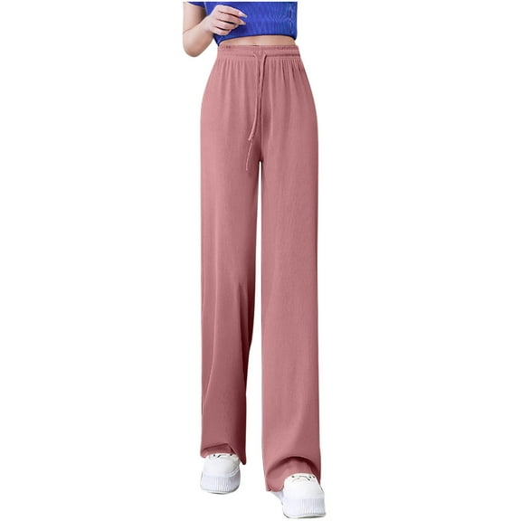 Annhoo Women' Ice Silk Pants High Waist Elastic Drawstring Casual Loose Pants Casual Comfy Straight Leg Outdoor Trousers