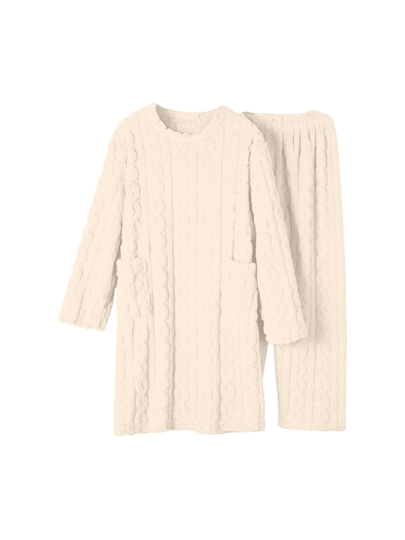 Women Long Fleece Nightgown Sets Crew Neck Side Pockets Cable Knit Matching Pants Loose Winter Outfits