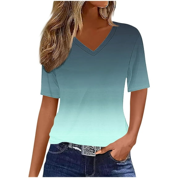 Annhoo Women'S Summer Clothes Oversized V-Neck Gradient Tops Loose Short Sleeve Blouse Going Out Trendy T-Shirts