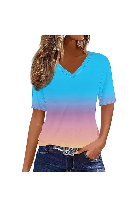 Women'S Summer Clothes Oversized V-Neck Gradient Tops Loose Short Sleeve Blouse Going Out Trendy T-Shirts