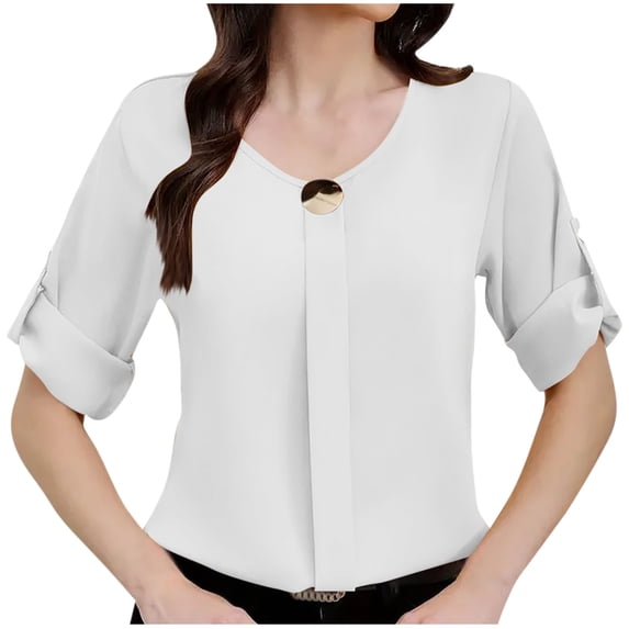 Annhoo Women Tops Business Casual V Neck Solid Color Dressy Short Sleeve Shirts Spring Going Out Clothes