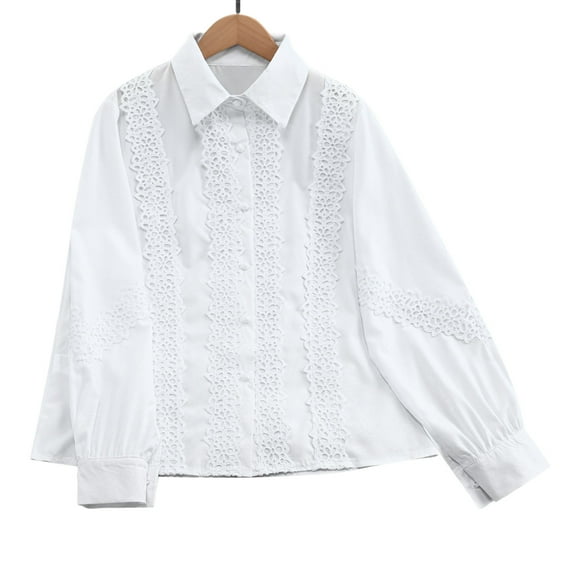 Annhoo Women Tops Dressy Casual Collar Button Down Lace Decor Solid Color Cotton Long Sleeve Blouse Business Clothes