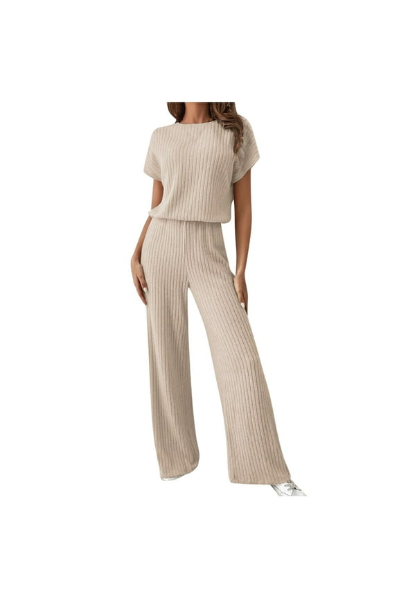 Women's 2 Piece Lounge Sets Knitted Short Sleeve Round Neck Tops and Wide Leg Pants Loungewear Clothes