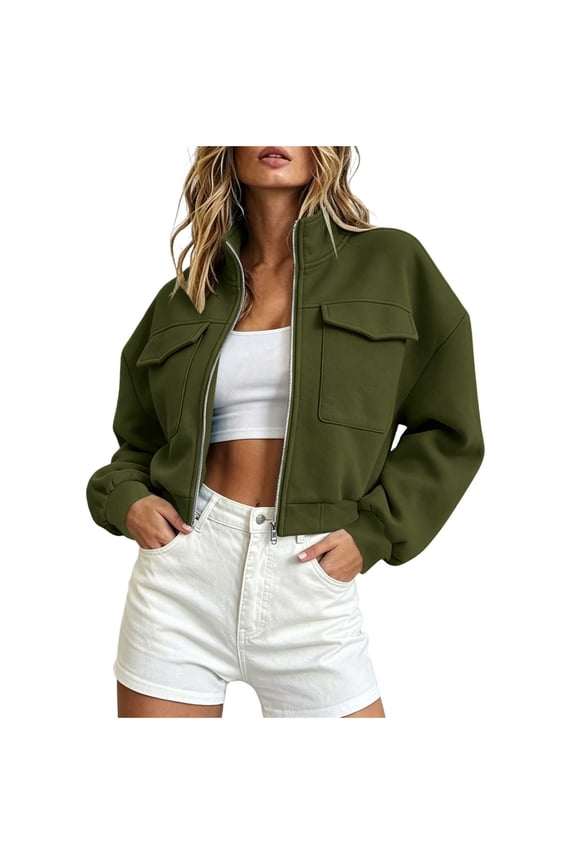 Women's Bomber-Jackets Stand Collar Drop Shoulder Dual Flap Pockets Zip Up Fashion Casual Outerwear Coat