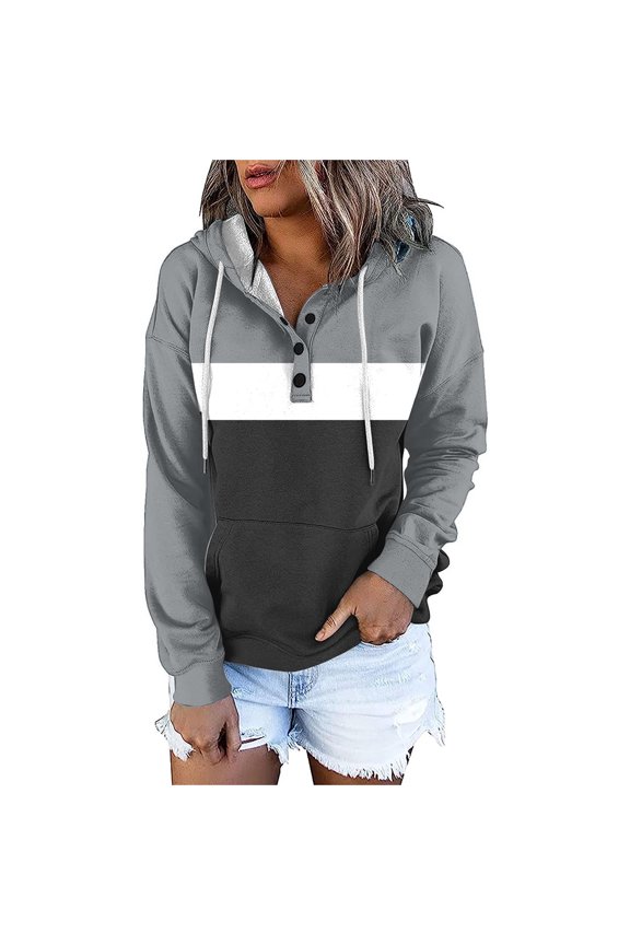 Women's Button Down Sweatshirts Color Block Pocket Long Sleeve Tops Blouse Casual Fall Winter Hoodies Pullover