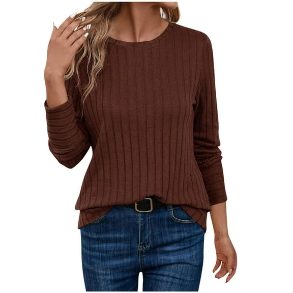 Annhoo Women's Casual Sweater Crew Neck Solid Color Long Sleeve Ribbed Knit Shirts Blouse Warm Comfy Fall Winter Tops