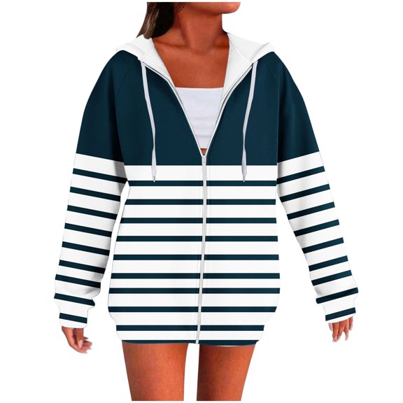 Annhoo Women's Coat Sweatshirts Casual Striped Full Zip Drawstring Hooded Blouse Loose Long Sleeve Pockets Tunic Shirts