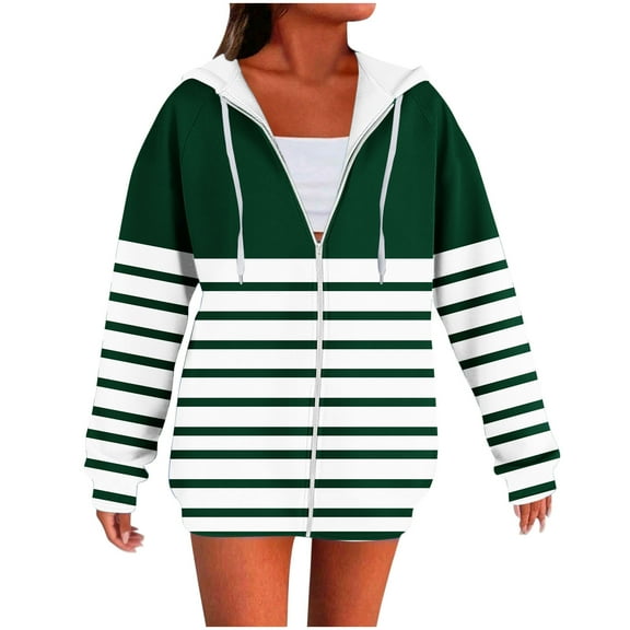 Annhoo Women's Coat Sweatshirts Casual Striped Full Zip Drawstring Hooded Blouse Loose Long Sleeve Pockets Tunic Shirts