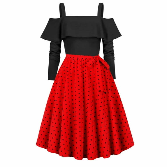 Annhoo Women's Cocktail Dresses Vintage Cold Shoulder Long Sleeve Prom Dress Fashion Polka Dots A-Line Dress
