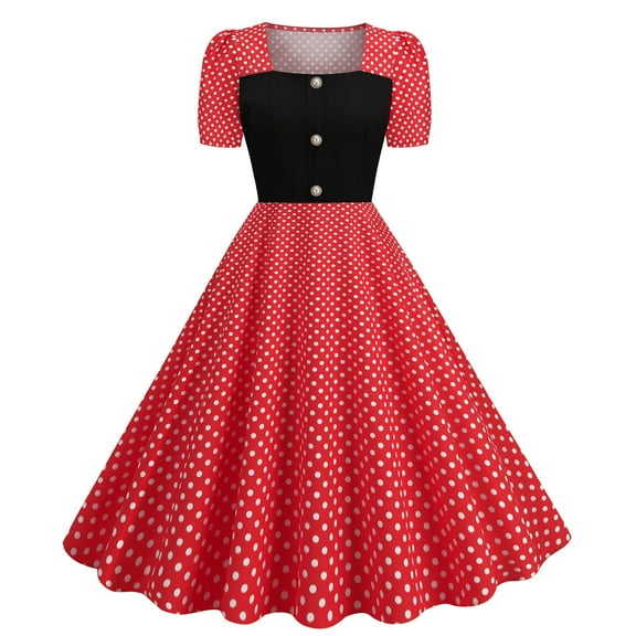 Annhoo Women's Cocktail Party Dress Short Sleeve Polka Dots Square Neck Classic Midi Dress Button Color Block A-Line Dress