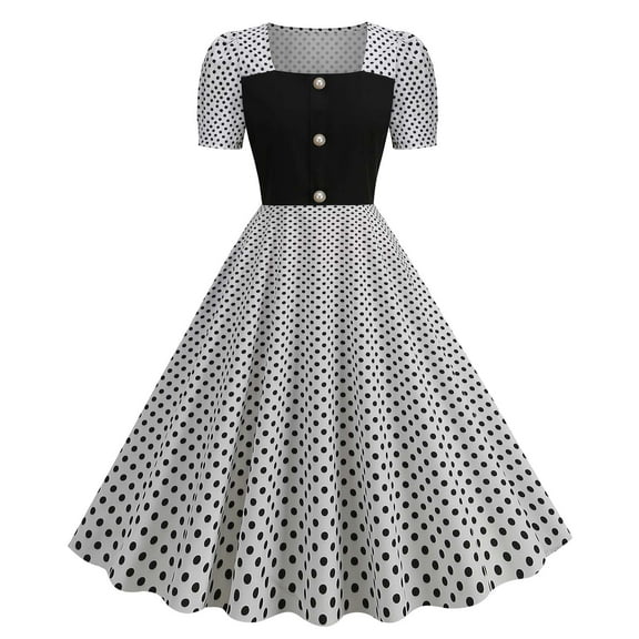 Annhoo Women's Cocktail Party Dress Short Sleeve Polka Dots Square Neck Classic Midi Dress Button Color Block A-Line Dress