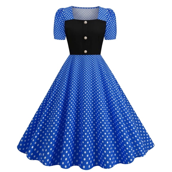 Annhoo Women's Cocktail Party Dress Short Sleeve Polka Dots Square Neck Classic Midi Dress Button Color Block A-Line Dress