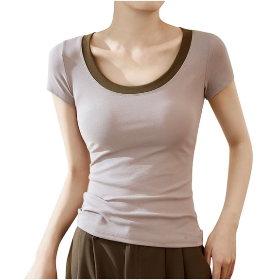 Annhoo Women’s Cotton Shirts Color Block Crew Neck Yoga Athletic Casual Blouse Short Sleeve Summer Workout Tops