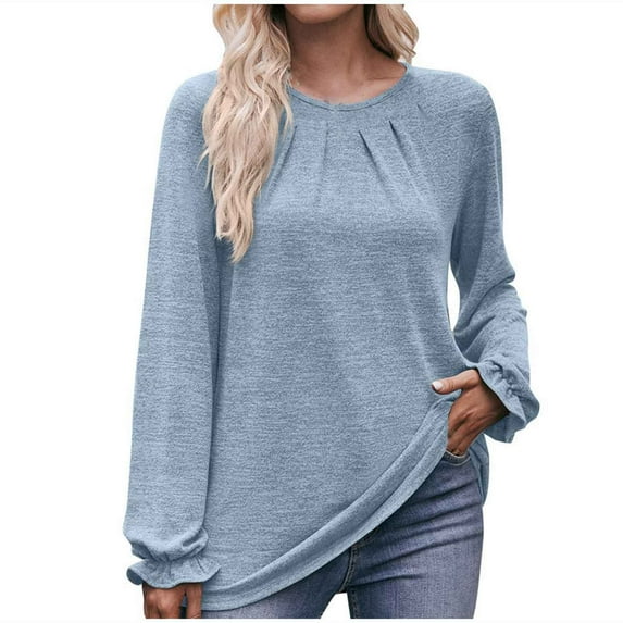 Annhoo Women's Fall Tops Trendy Pleated Puff Long Sleeve Crewneck Shirts Loose Vacation Lounge Tunics