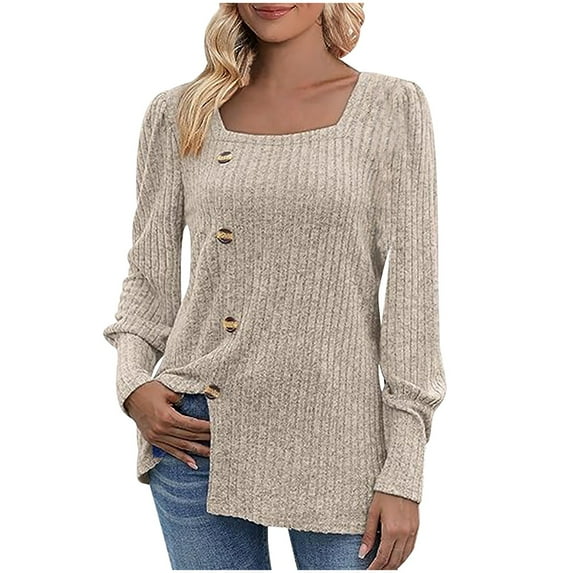 Annhoo Women's Fall Tops Fall Square Neck Button Long Sleeve Dressy Shirts Fashion Side Slit Knit Sweater Tunics