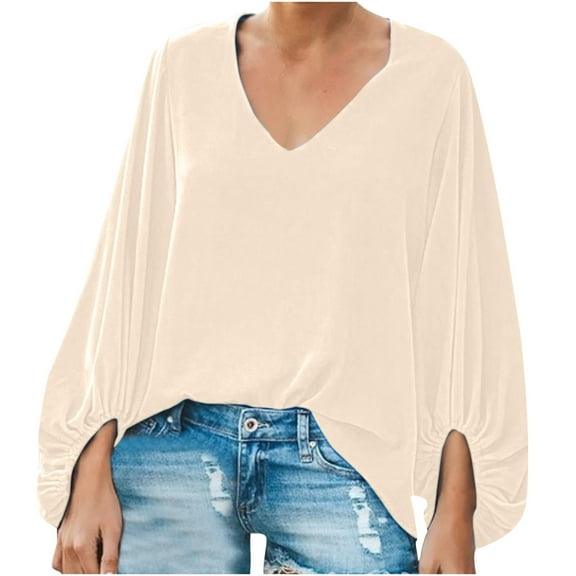 Annhoo Women's Fall Tops Long Sleeve Casual Solid Color V Neck Dressy Shirts Baggy Vacation Casual Blouse Tees