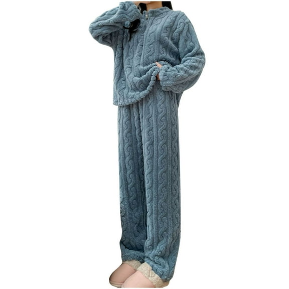 Annhoo Women's Fuzzy Fleece Pajamas Sets Long Sleeve Zipper up Plush Tops Pants 2 Piece Winter Flannel Loungewear