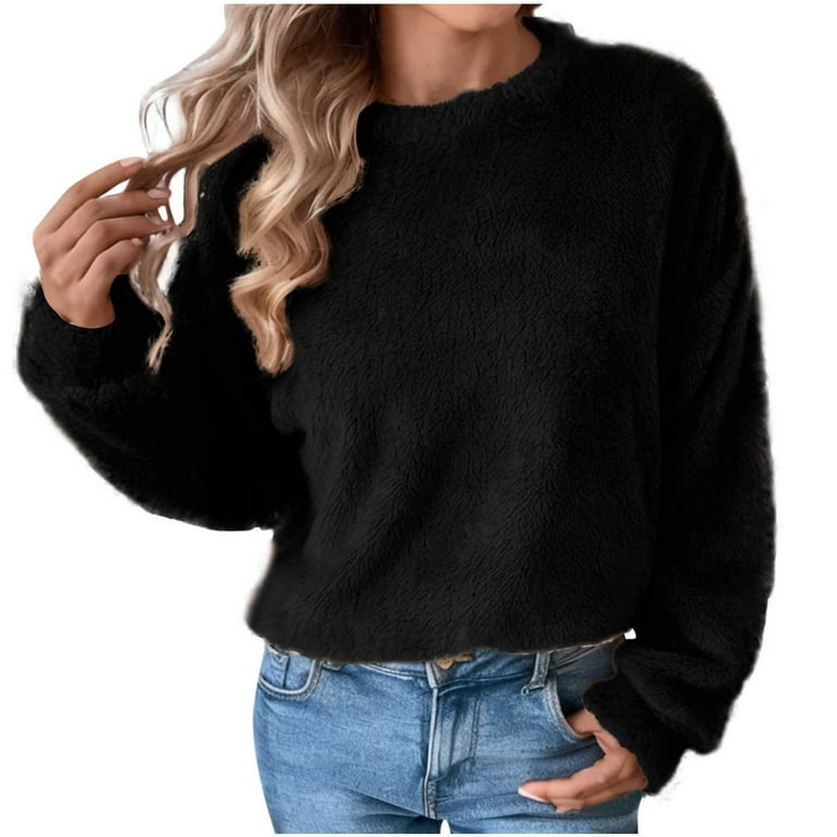 Annhoo Women s Fuzzy Sweaters Winter Fleece Warm Tees Crewneck Long Sleeve Pullovers Comfy Soft Lounge Shirts Size Medium Black