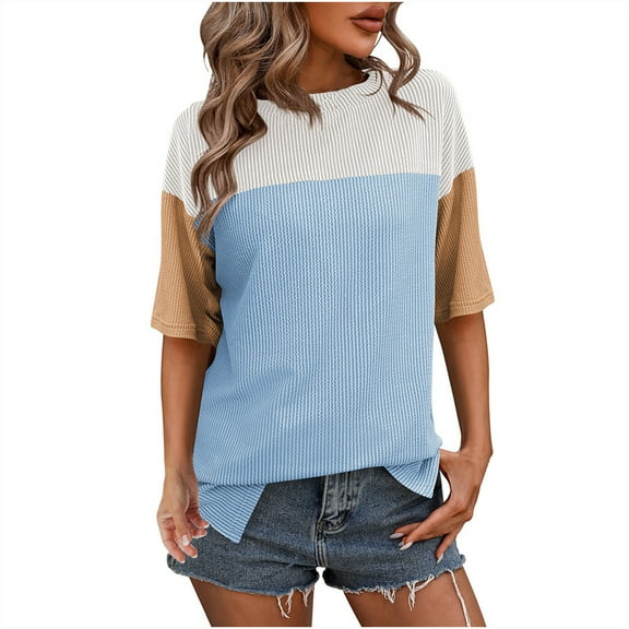 Annhoo Women's Half Sleeve Tops Fashion Color Block Crewneck Casual T-Shirts Cute Side Slit Knitted Tunics