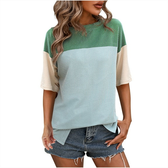 Annhoo Women's Half Sleeve Tops Fashion Color Block Crewneck Casual T-Shirts Cute Side Slit Knitted Tunics