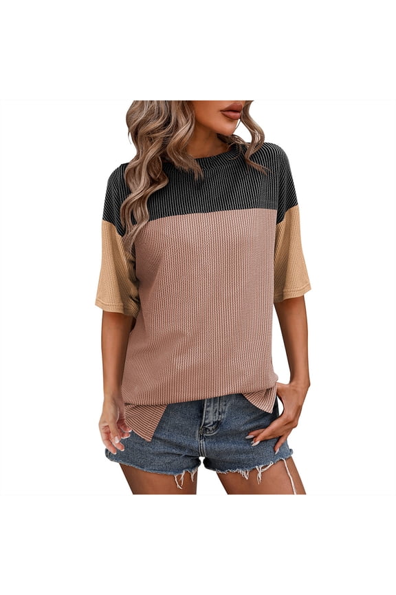 Women's Half Sleeve Tops Fashion Color Block Crewneck Casual T-Shirts Cute Side Slit Knitted Tunics