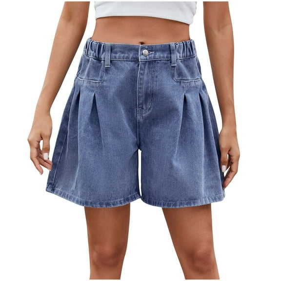 Annhoo Women's Jean Shorts Summer High Waisted Fashion Pleated Wide Leg Shorts Casual Stretchy Denim Shorts
