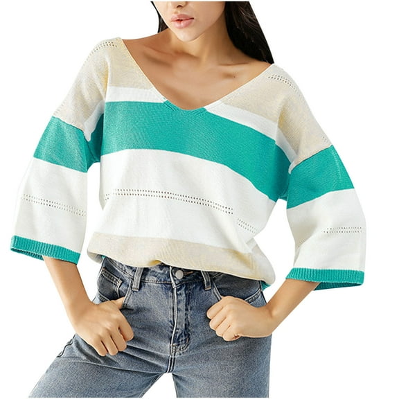 Annhoo Women's Knit Sweater Fall Winter Casual Loose Color Block Tops Blouse Crew Neck Long Sleeve Comfy Pullover