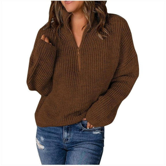Annhoo Women's Knit Sweater Quarter Zipper High Neck Casual Fashion Blouses Solid Color Long Sleeve Loose Pullover