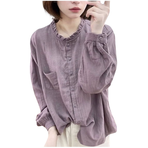 Annhoo Women's Linen Shirts Oversized Solid Color Crewneck Button Down Long Sleeve Blouses with Pocket Soft Clothes