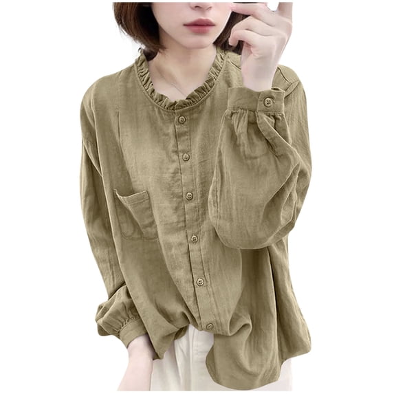 Annhoo Women's Linen Shirts Oversized Solid Color Crewneck Button Down Long Sleeve Blouses with Pocket Soft Clothes