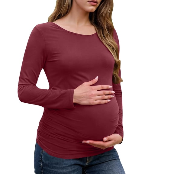 Annhoo Women's Long-Sleeved Maternity Shirts Soft Crew Neck Solid Color Pullover Dressy Comfy Tunic Pregnant Basic Tops