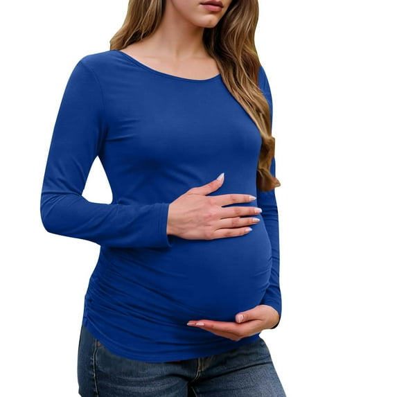 Annhoo Women's Long-Sleeved Maternity Shirts Soft Crew Neck Solid Color Pullover Dressy Comfy Tunic Pregnant Basic Tops