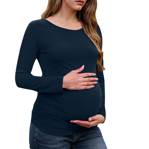 Annhoo Women's Long-Sleeved Maternity Shirts Soft Crew Neck Solid Color Pullover Dressy Comfy Tunic Pregnant Basic Tops