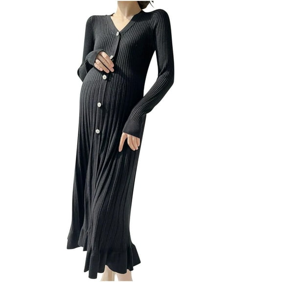 Annhoo Women's Maternity Knit Dress Button Down Elagant Pleated V-Neck Long Sleeve Clothes Trendy Pregnancy Maxi Dresses