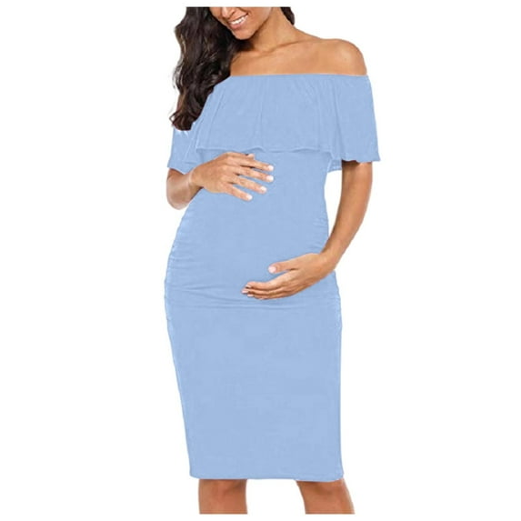 Annhoo Women's Maternity Outfits for Photoshoot Off Shoulder Solid Color Dress Ruffle Sleeveless Trendy Bodycon Dresses