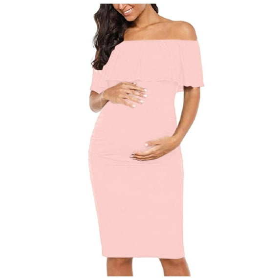 Annhoo Women's Maternity Outfits for Photoshoot Off Shoulder Solid Color Dress Ruffle Sleeveless Trendy Bodycon Dresses