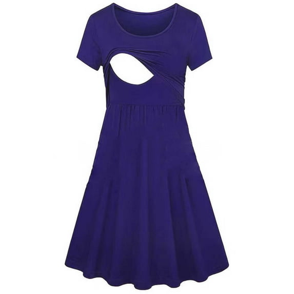 Annhoo Women's Meternity Dresses Nursing Crew Neck Short Sleeve Nightgown Solid Color Pregnant Dresses for Breastfeeding