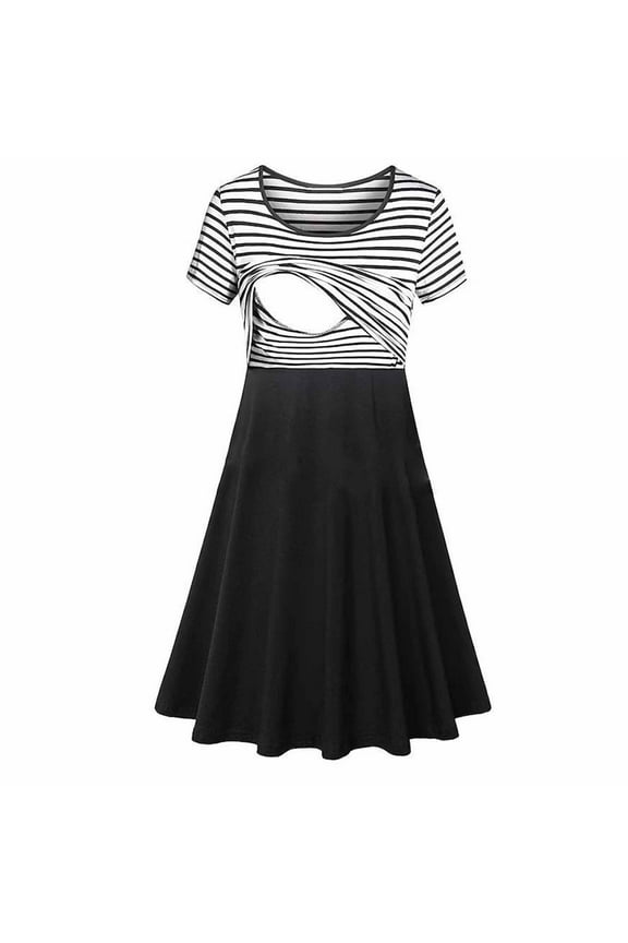Women's Meternity Dresses Nursing Crew Neck Striped Nightgown Short Sleeve Pregnant Dresses for Breastfeeding