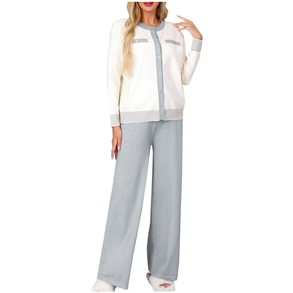 Annhoo Women's Outfits Fall Casual Knit Sets 2 Piece Long Sleeve Button down Cardigan Sweaters and Wide Leg Pants