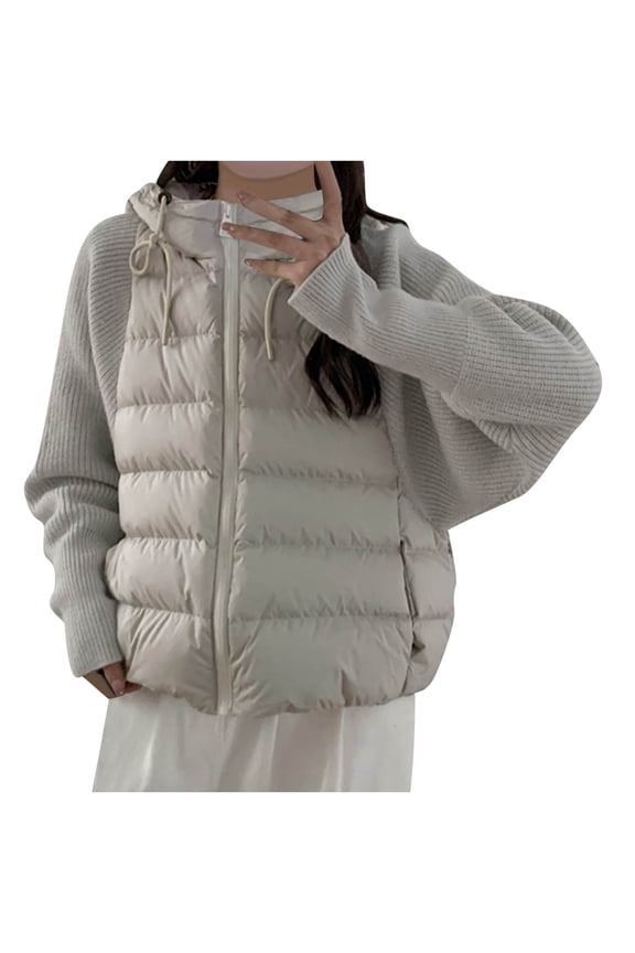 Women's Padded Coat Patchwork Drawstring Long Sleeve Zipper Hooded Outerwear Solid Color Pocket Cardigan Jacket