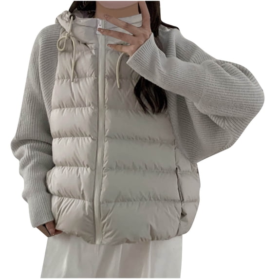 Annhoo Women's Padded Coat Patchwork Drawstring Long Sleeve Zipper Hooded Outerwear Solid Color Pocket Cardigan Jacket