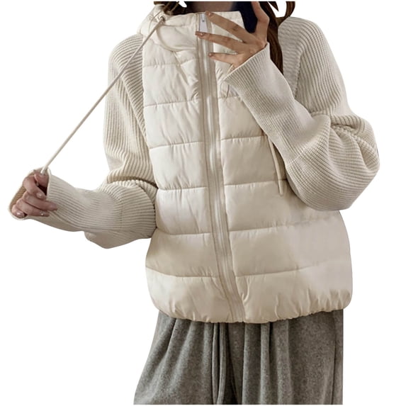 Annhoo Women's Padded Coat Patchwork Drawstring Long Sleeve Zipper Hooded Outerwear Solid Color Pocket Cardigan Jacket