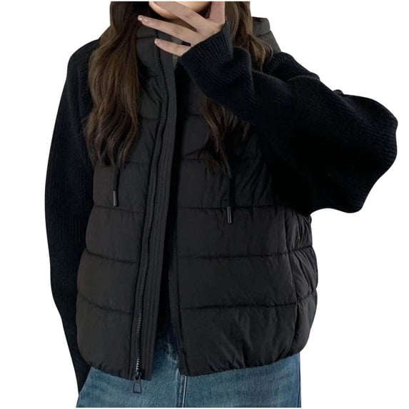 Annhoo Women's Padded Coat Patchwork Drawstring Long Sleeve Zipper Hooded Outerwear Solid Color Pocket Cardigan Jacket