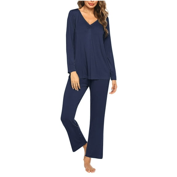 Annhoo Women's Pajama Set Fall Long Sleeve V Neck Sleepwear and Pants 2 Piece Solid Color Pj Sets Loungewear