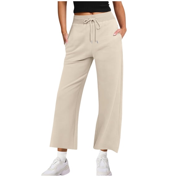 Annhoo Women's Pants Long Wide Leg Drawstring Straight Solid Color Breathable Trouser Spring Summer Clothes